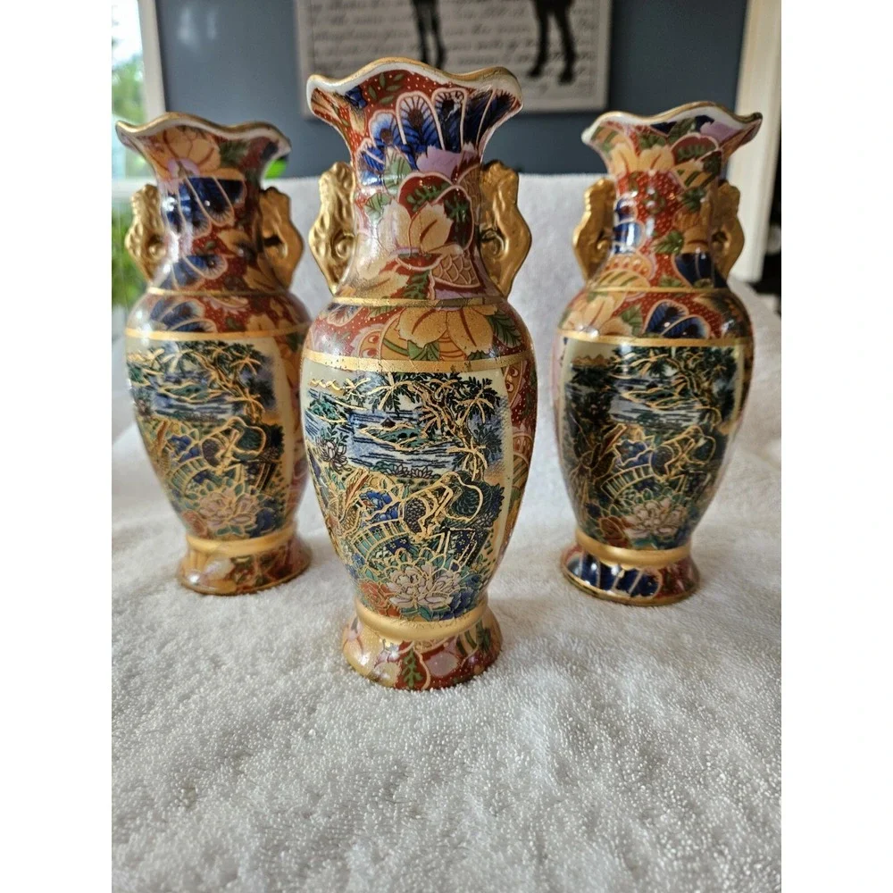 Vintage Set Of 3 hand paint Chinese Decorative Vase Coastal Birds Flowers 8 Inch